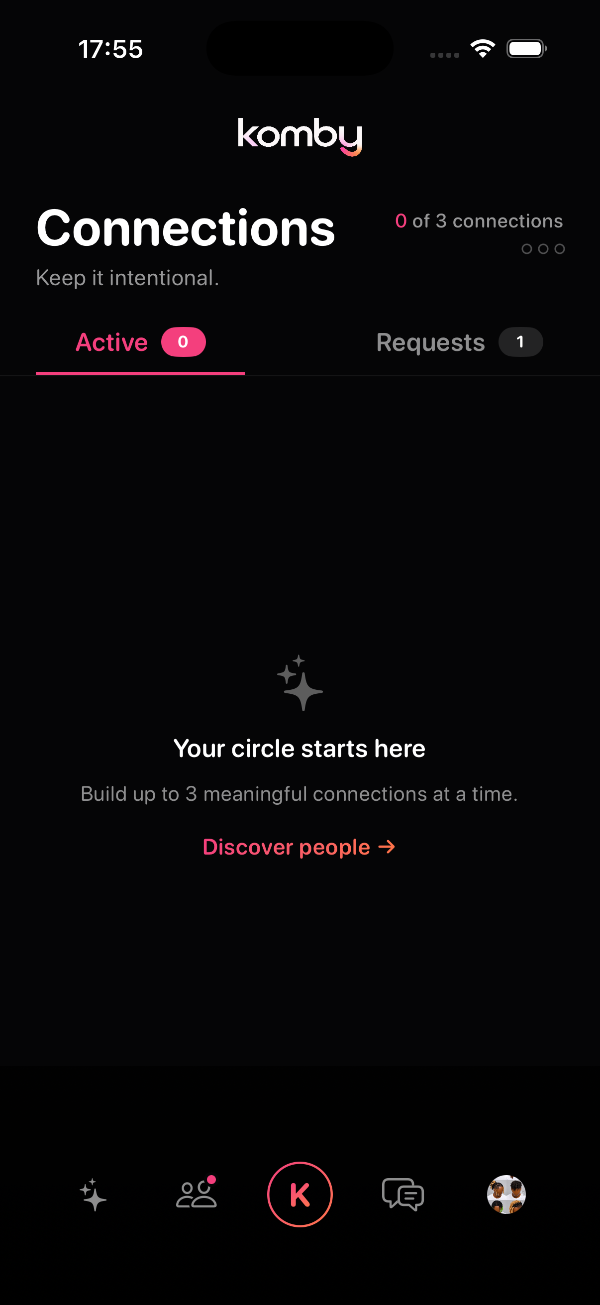 Komby Connections tab, Active sub-tab. Header reads Connections — Keep it intentional. Below is a Your circle starts here empty state prompting to Build up to 3 meaningful connections at a time.