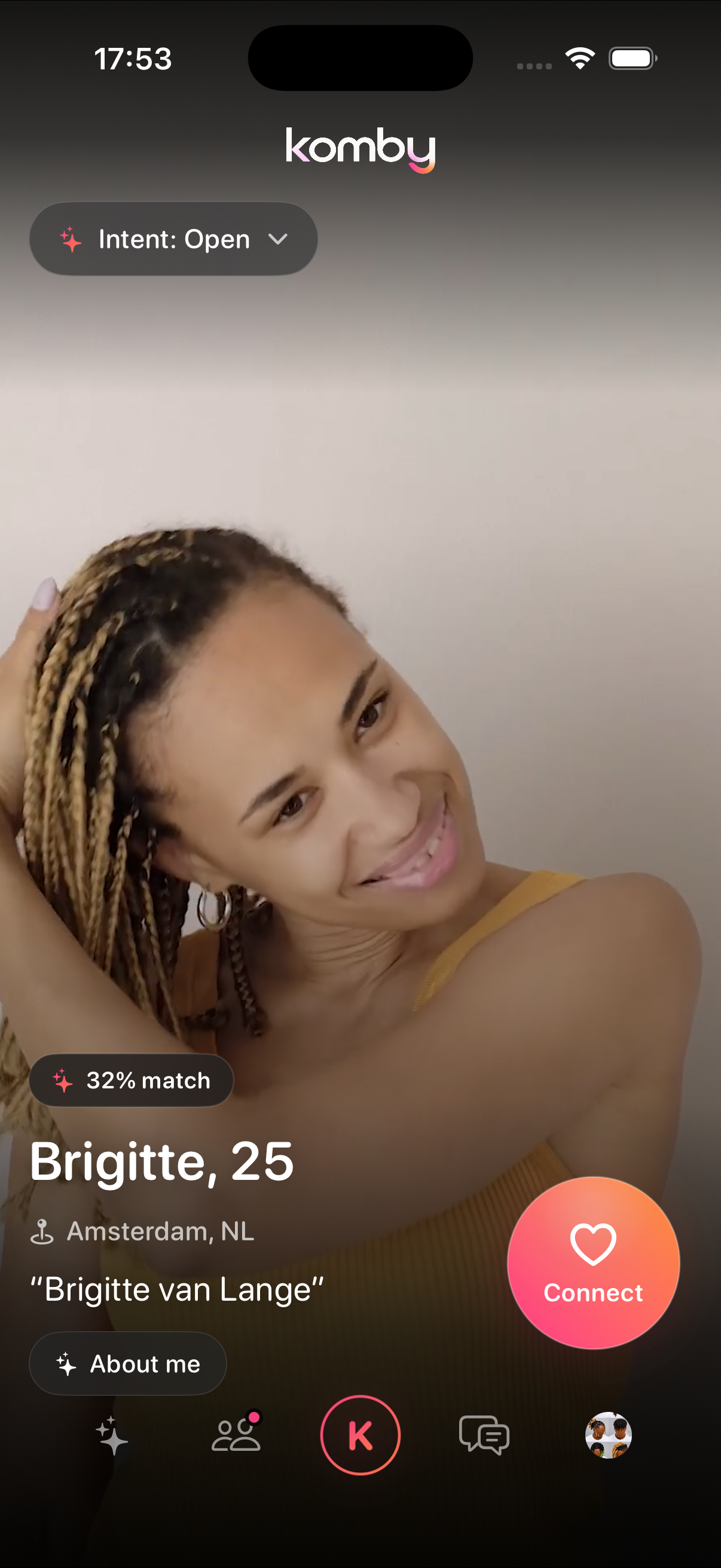 Komby Discovery — a video-first profile of Brigitte, 25, in Amsterdam, with a 32% match badge and a Connect action.